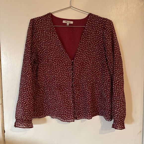 Madewell Overture Red Ditsy Flower Balloon Sleeve Top Romantic Preppy | Sz Smal - Picture 2 of 10